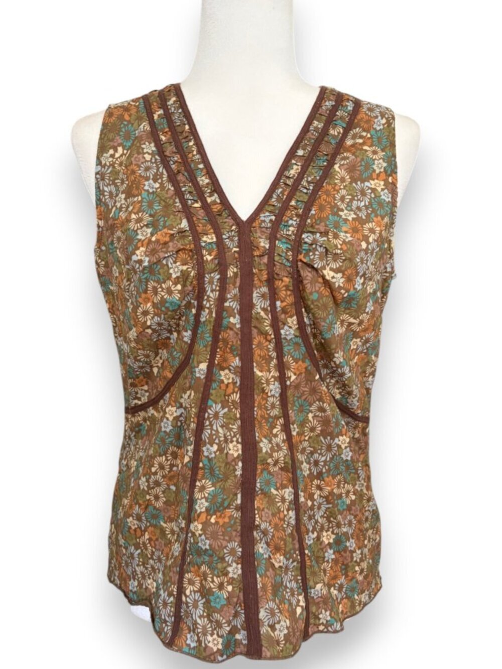 Y2K Whimsigoth Ditsy Floral Sleeveless Blouse Top Brown Earthy Fairycore Medium